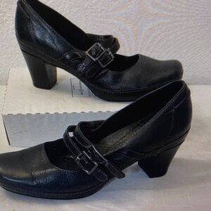 Nina Black Leather Heels with Buckle Detail